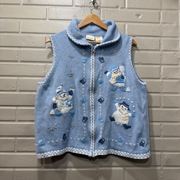 Bobbie Brooks Jackets & Blazers - Vintage Bobbie Brooks Vest Angora Blend Blue Snowman‎ Knit Sweater Zip Front M/L